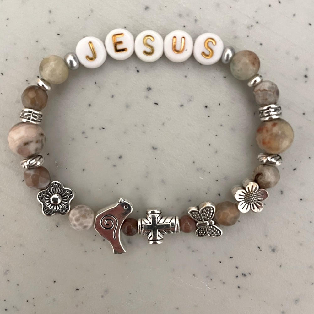 Jesus bracelet in stone and accented with gold and silver